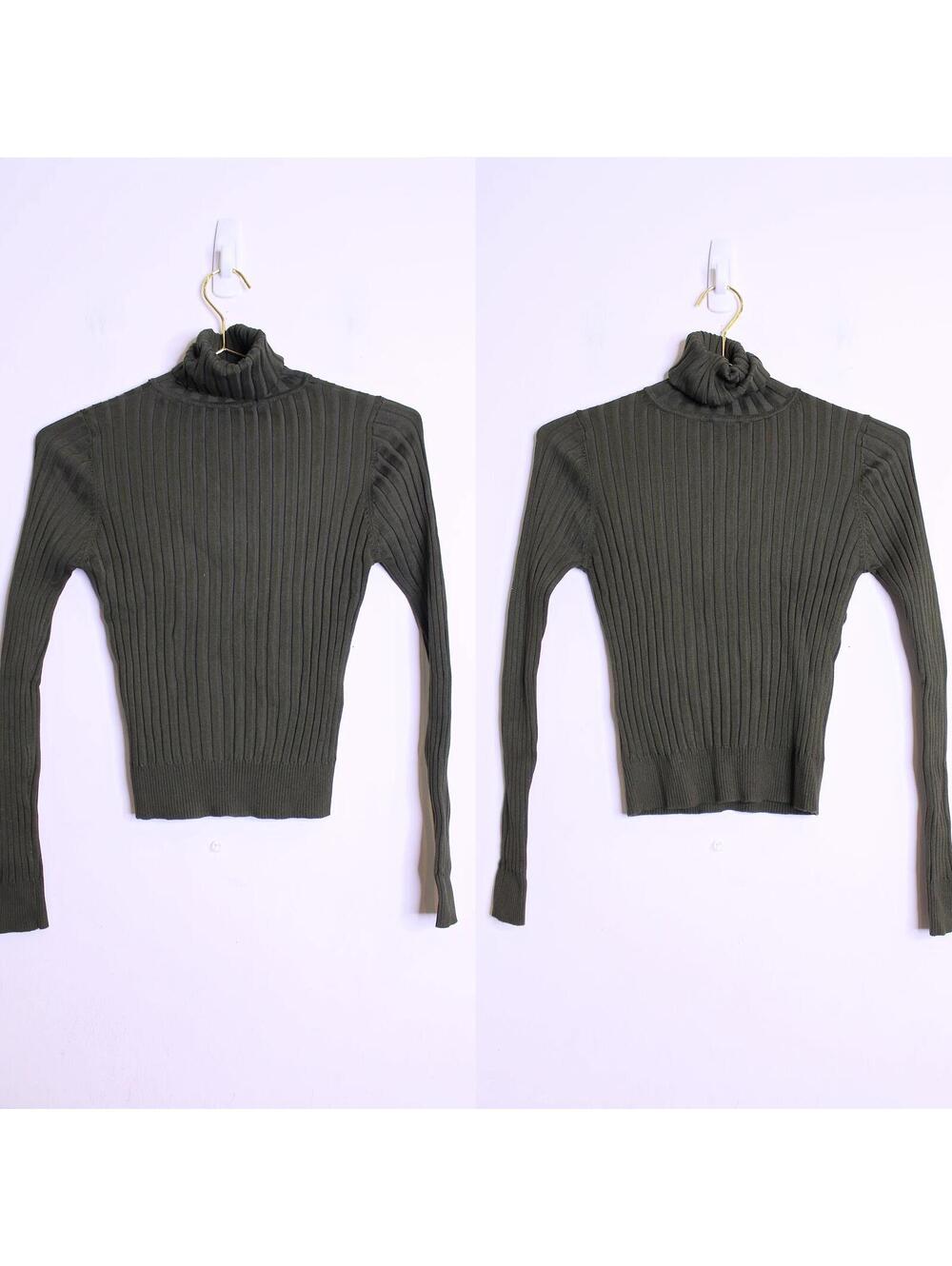 Zara Knit Olive Green Ribbed Knit Crop Turtle Neck - Medium